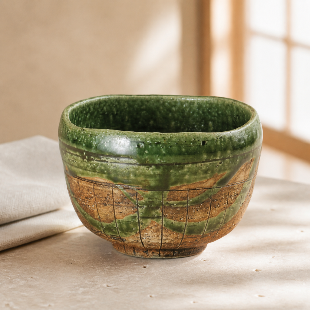 Mino keramikos japoniškas matcha dubenėlis „Oribe Tokusa“